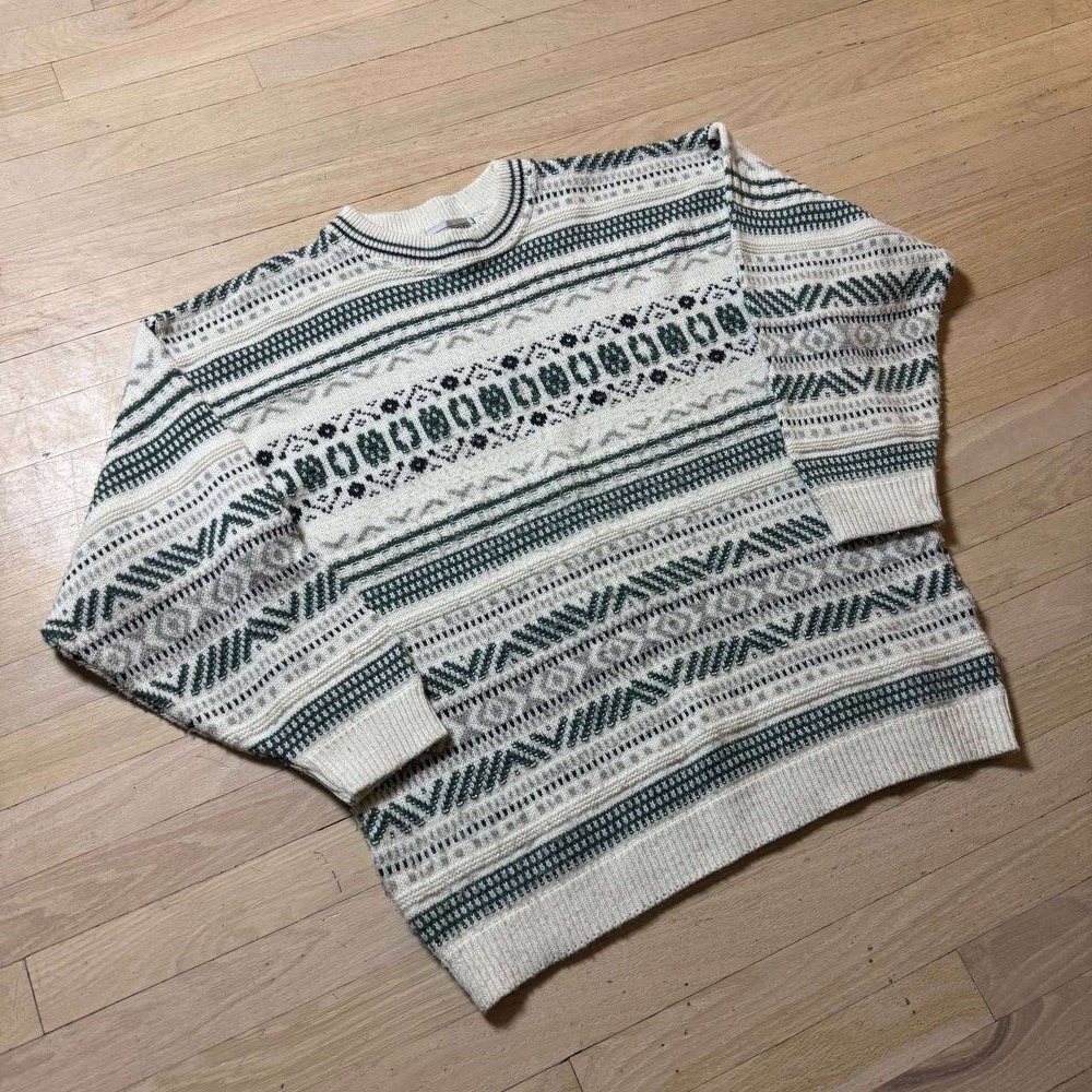 Vintage Tip Top Tailors Mens XL Fair Isle Knit Sweater Green Cream Canada made